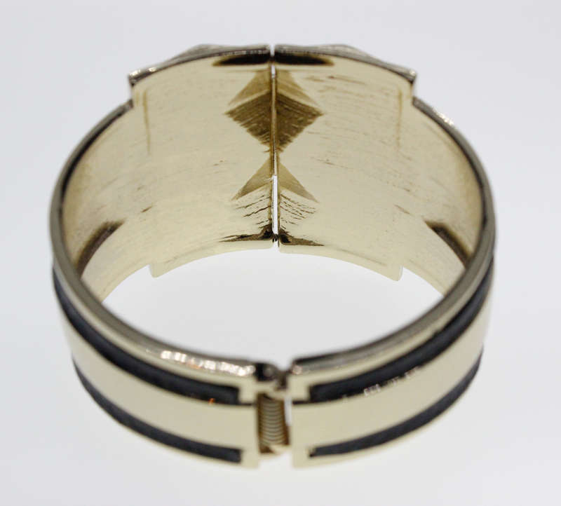 Bangle - Vintage Gold Tone Square in Middle of Triangle Pattern. Black Leather Type Bands - ML2315