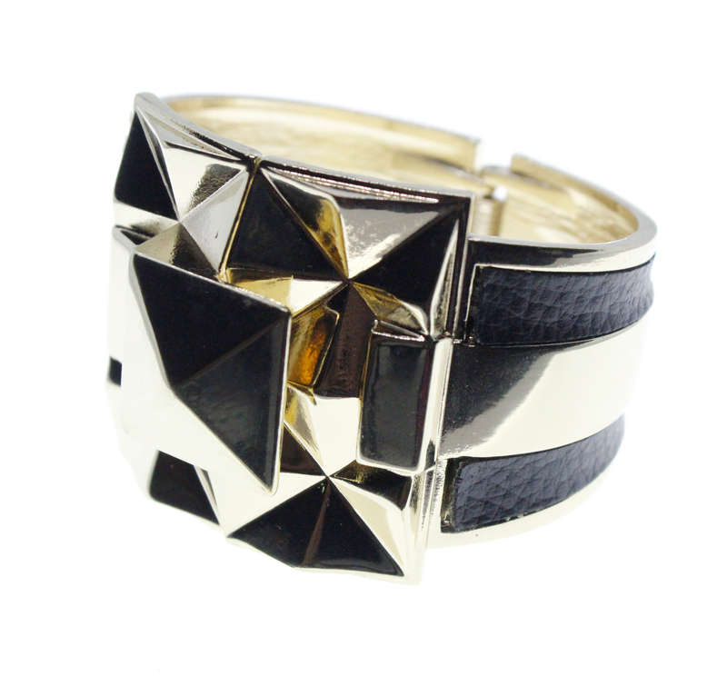 Bangle - Vintage Gold Tone Square in Middle of Triangle Pattern. Black Leather Type Bands - ML2315