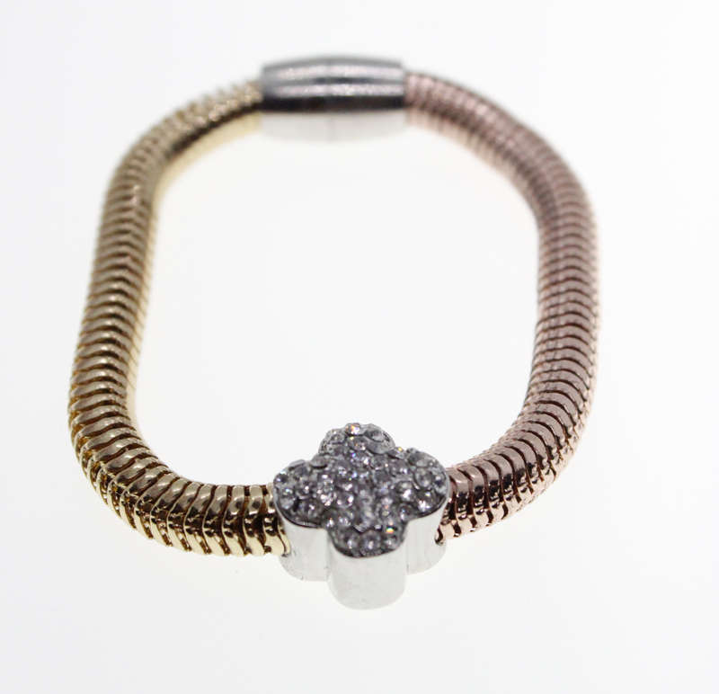 Bracelet - Two Tone (Bronze/Gold) Bracelet with Diamantes 4 Leaf Clover. Magnetic Clasp - ML2316