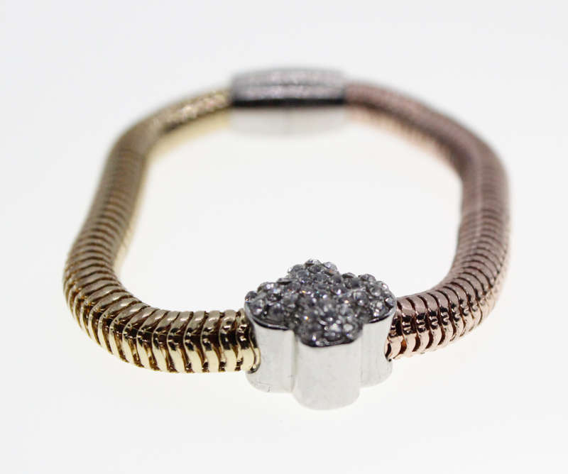 Bracelet - Two Tone (Bronze/Gold) Bracelet with Diamantes 4 Leaf Clover. Magnetic Clasp - ML2316
