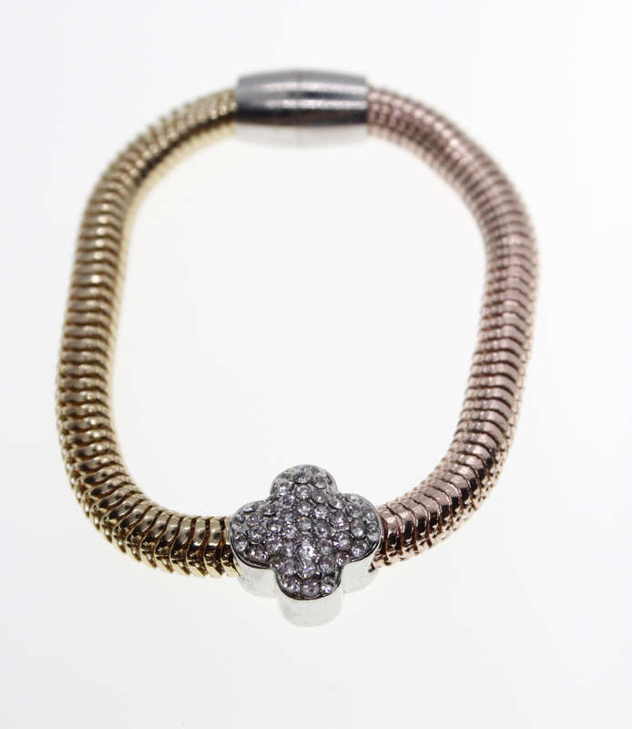 Bracelet - Two Tone (Bronze/Gold) Bracelet with Diamantes 4 Leaf Clover. Magnetic Clasp - ML2316