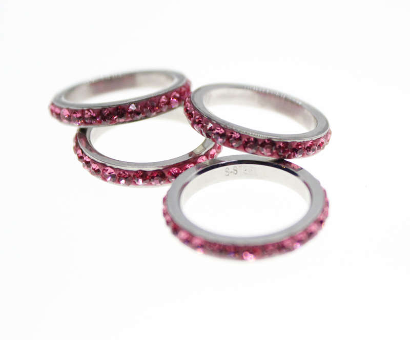 Rings - Fashion Stainless Steel 4 x Stack rings with Pink Diamantes - ML2320