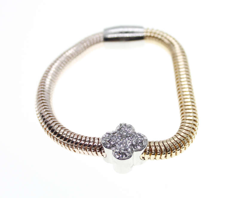 Bracelet - Fashion Snake Style Gold and Bronze Tone with 4 Leaf Clover and Diamantes - ML2322