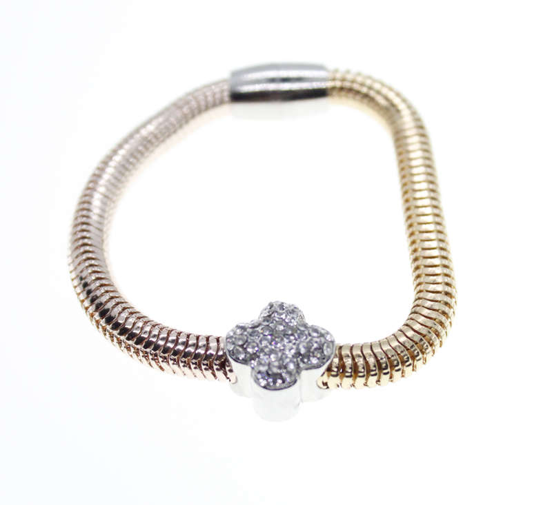 Bracelet - Fashion Snake Style Gold and Bronze Tone with 4 Leaf Clover and Diamantes - ML2322