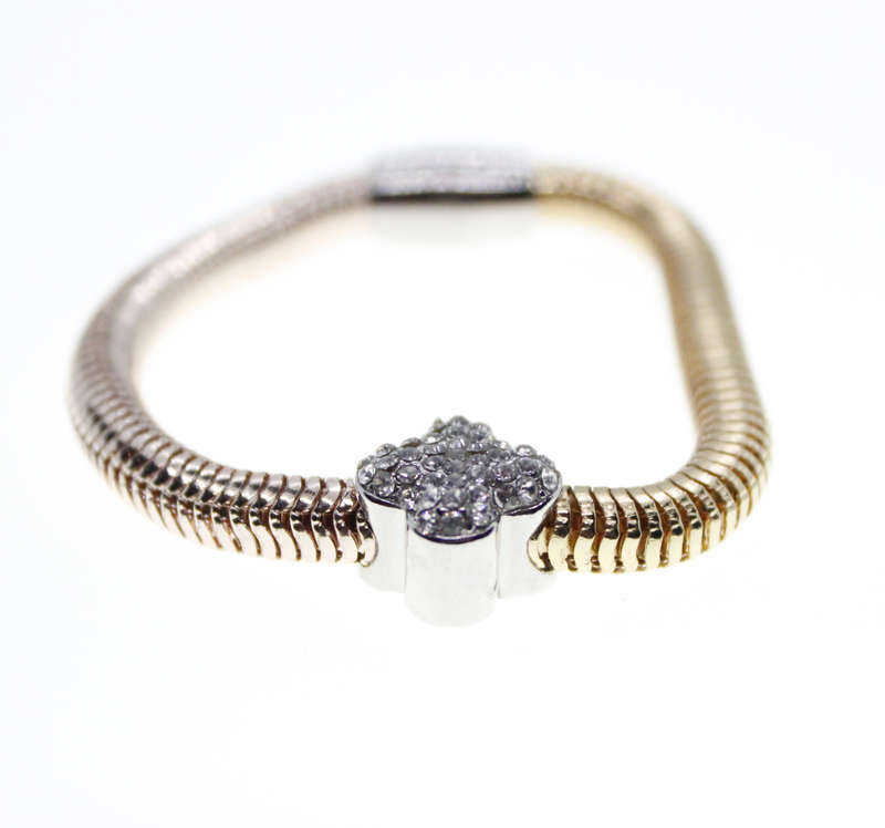 Bracelet - Fashion Snake Style Gold and Bronze Tone with 4 Leaf Clover and Diamantes - ML2322