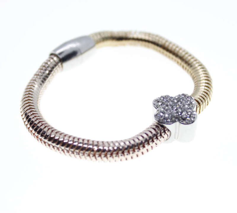 Bracelet - Fashion Snake Style Gold and Bronze Tone with 4 Leaf Clover and Diamantes - ML2322