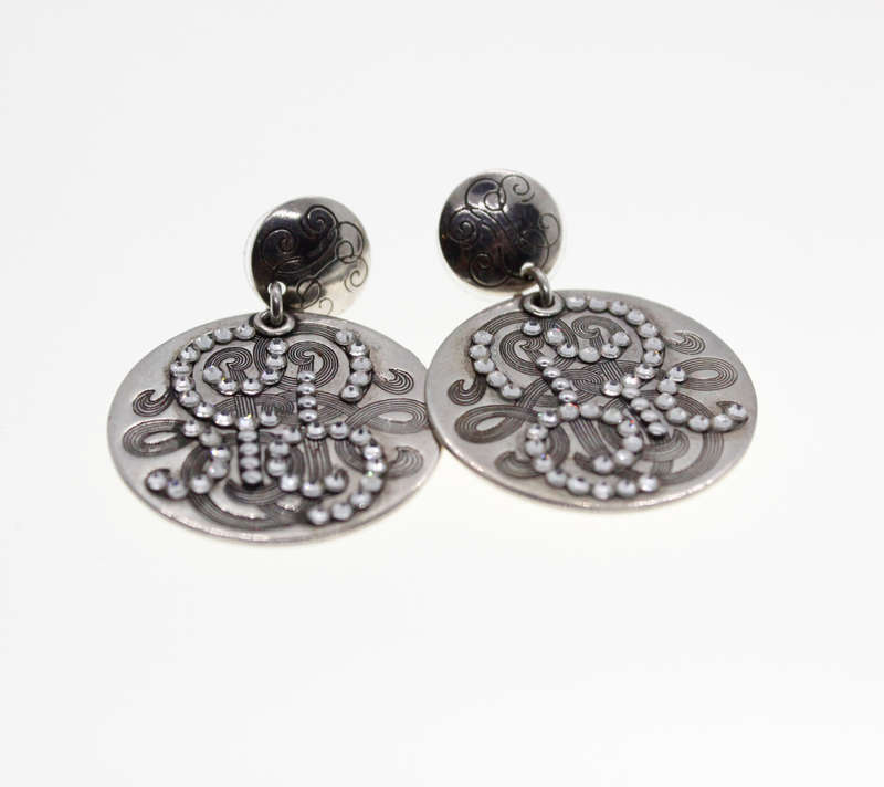 Earrings - Vintage Silver Tone Earrings with Studded Rhinestones, Stamped Gas Bijoux - ML2325
