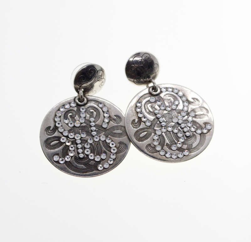 Earrings - Vintage Silver Tone Earrings with Studded Rhinestones, Stamped Gas Bijoux - ML2325
