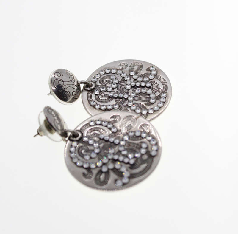Earrings - Vintage Silver Tone Earrings with Studded Rhinestones, Stamped Gas Bijoux - ML2325