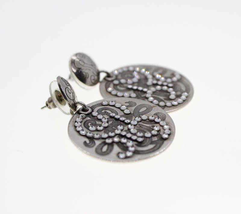 Earrings - Vintage Silver Tone Earrings with Studded Rhinestones, Stamped Gas Bijoux - ML2325