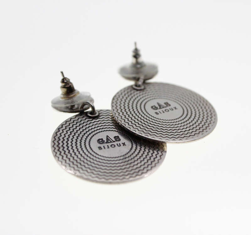 Earrings - Vintage Silver Tone Earrings with Studded Rhinestones, Stamped Gas Bijoux - ML2325