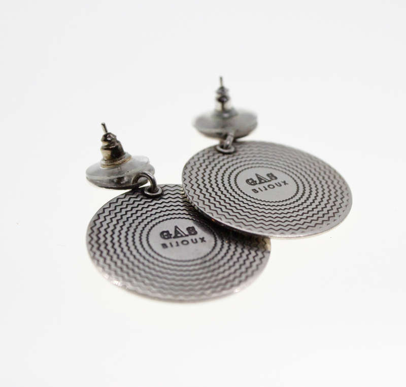 Earrings - Vintage Silver Tone Earrings with Studded Rhinestones, Stamped Gas Bijoux - ML2325