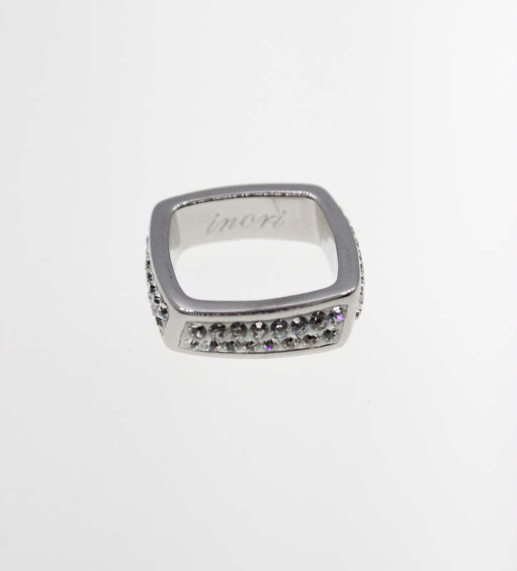 Ring - Fashion Silver Tone Rectangular Shape with Diamantes on a White base, Stamped Inori - ML2328