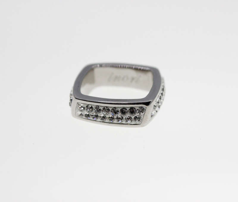 Ring - Fashion Silver Tone Rectangular Shape with Diamantes on a White base, Stamped Inori - ML2328