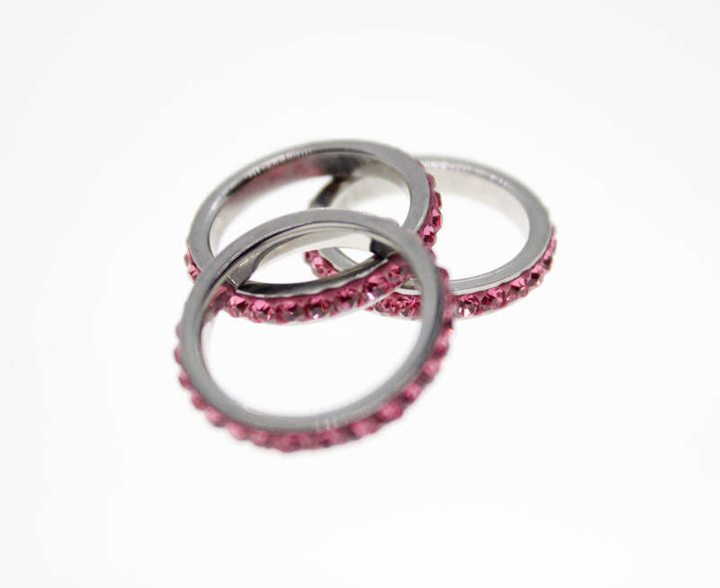 Rings - 3 x Fashion Stainless Steel Pink Stack Rings with Diamantes - ML2330