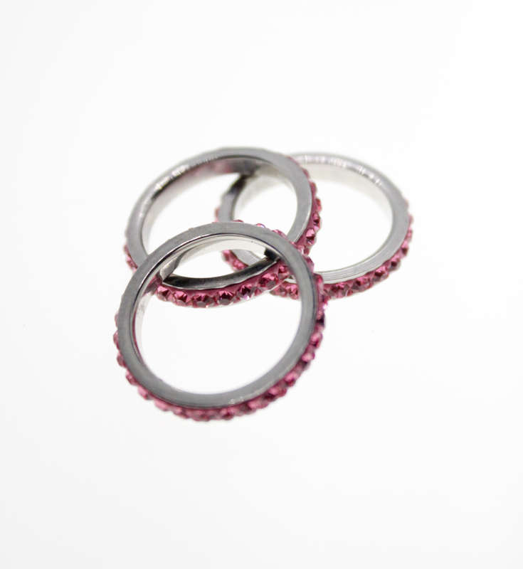 Rings - 3 x Fashion Stainless Steel Pink Stack Rings with Diamantes - ML2330