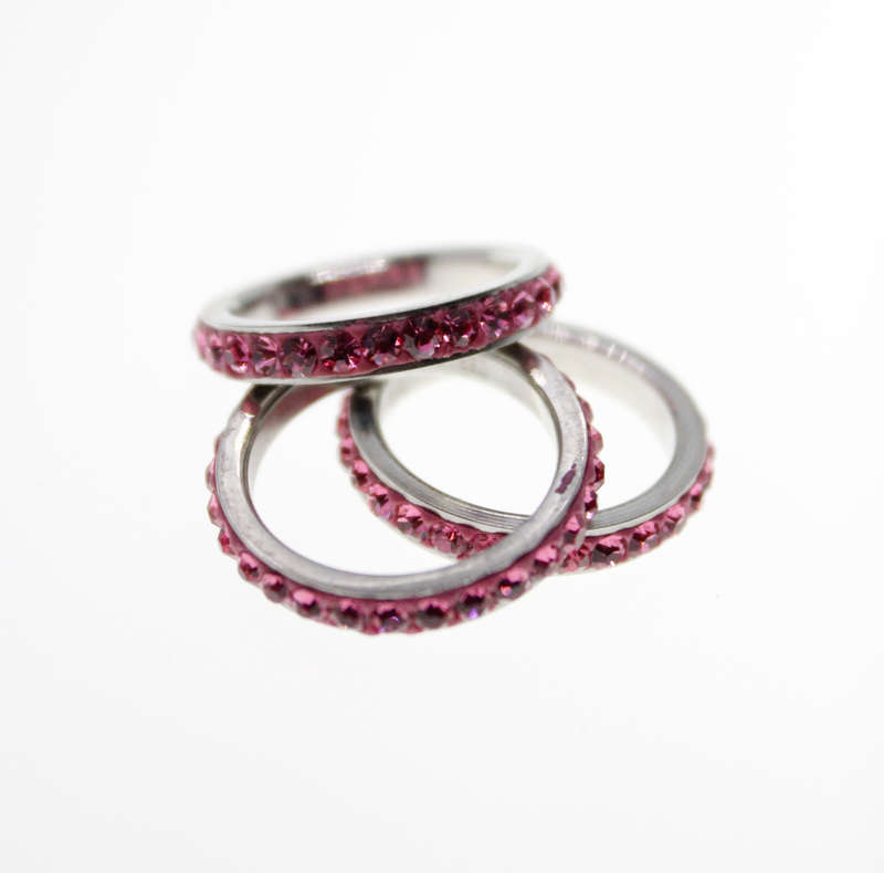 Rings - 3 x Fashion Stainless Steel Pink Stack Rings with Diamantes - ML2330