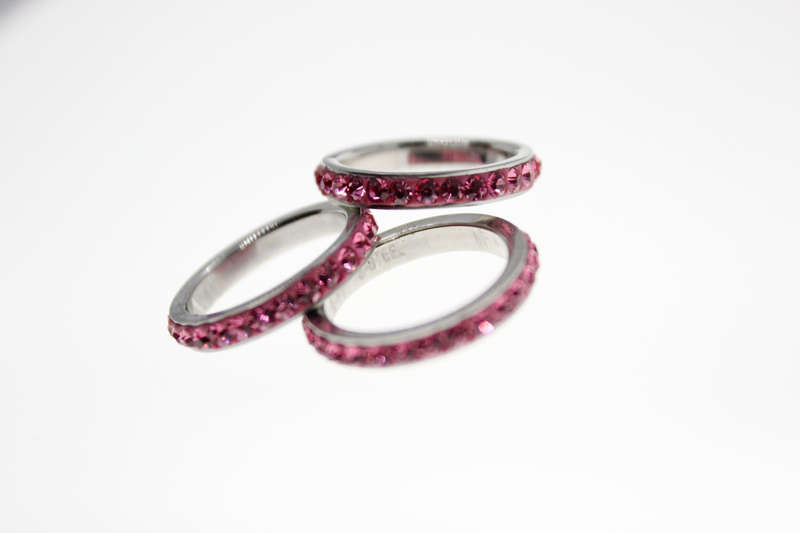 Rings - 3 x Fashion Stainless Steel Pink Stack Rings with Diamantes - ML2330