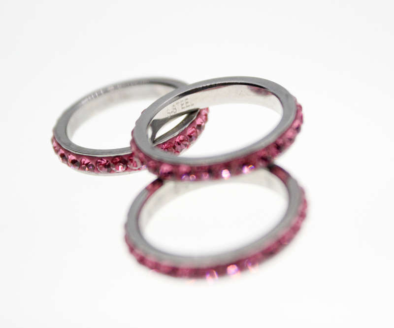 Rings - 3 x Fashion Stainless Steel Pink Stack Rings with Diamantes - ML2330