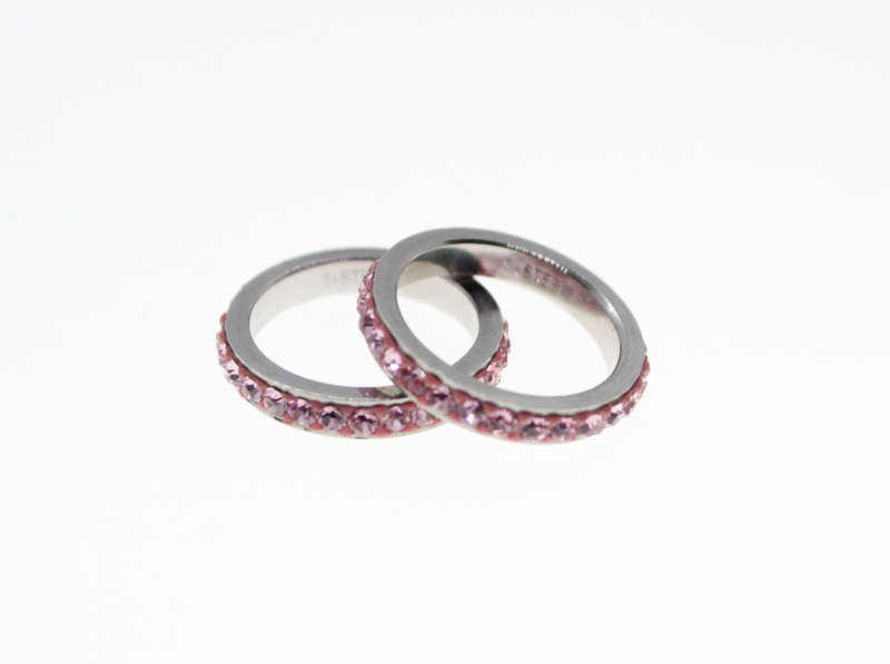 Rings - 2 x Fashion Stainless Steel Pink Diamante Stack Rings - ML2338