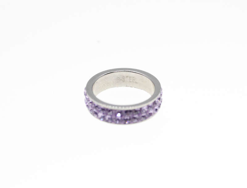 Ring - Fashion Stainless Steel Ring with Two Bands of Purple Diamantes - ML2342