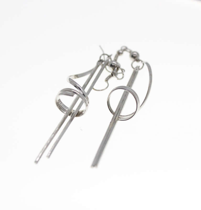 Earrings - Fashion Silver Tone Long Dangle Earrings with Swirl Design - ML2350