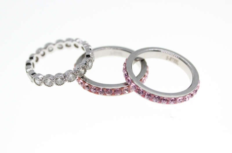 Rings - Fashion 2 x Stainless Steel Pink Diamante Bands, 1 x Clear Stone Silver Tone Ring - ML2354