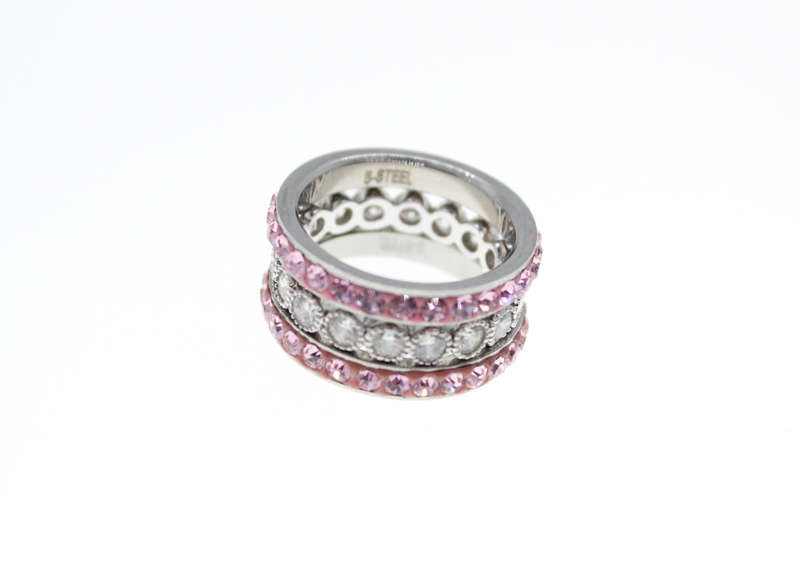 Rings - Fashion 2 x Stainless Steel Pink Diamante Bands, 1 x Clear Stone Silver Tone Ring - ML2354