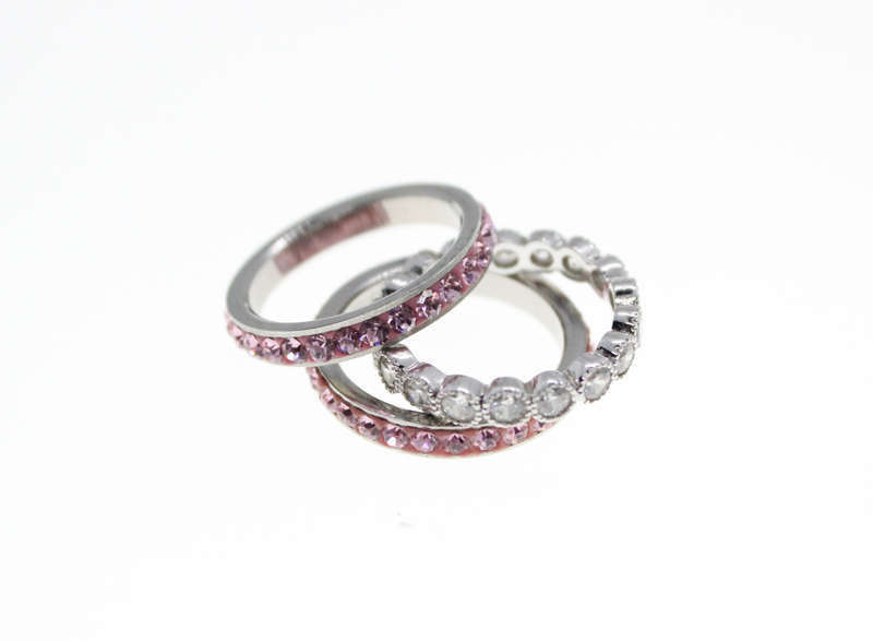 Rings - Fashion 2 x Stainless Steel Pink Diamante Bands, 1 x Clear Stone Silver Tone Ring - ML2354