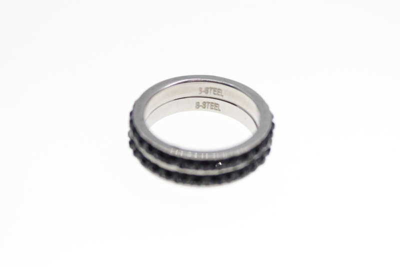 Ring - 2 x Fashion Stainless Steel Black Rings with Black Diamantes - ML2357