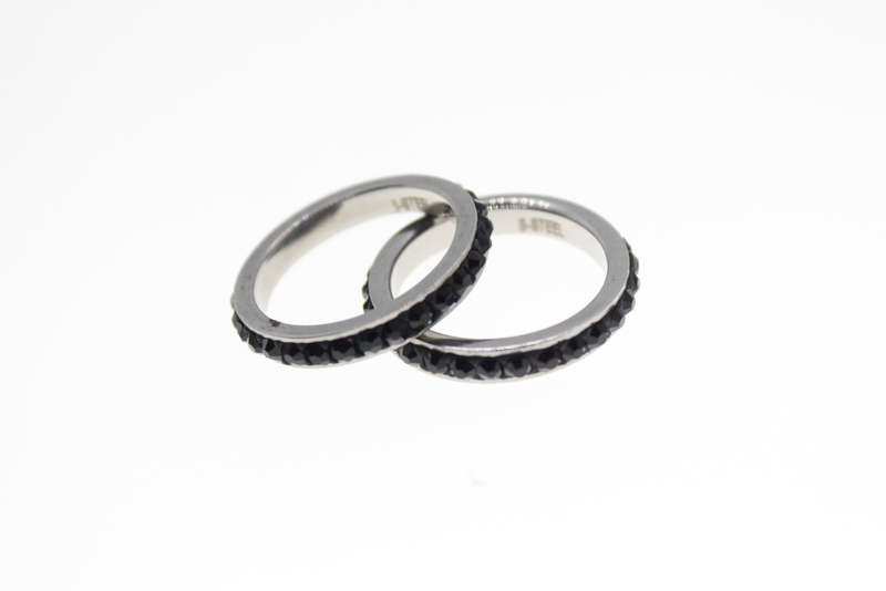Ring - 2 x Fashion Stainless Steel Black Rings with Black Diamantes - ML2357
