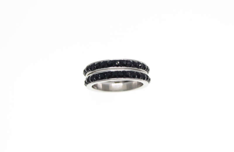 Ring - 2 x Fashion Stainless Steel Black Rings with Black Diamantes - ML2357