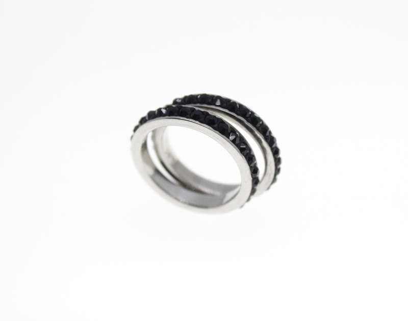 Ring - 2 x Fashion Stainless Steel Black Rings with Black Diamantes - ML2357