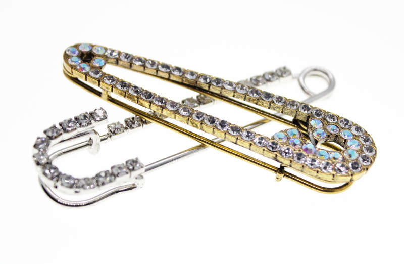 Brooch - Artisanal Gold Tone and Silver Tone Safety Pin Brooches with Diamantes - ML2382