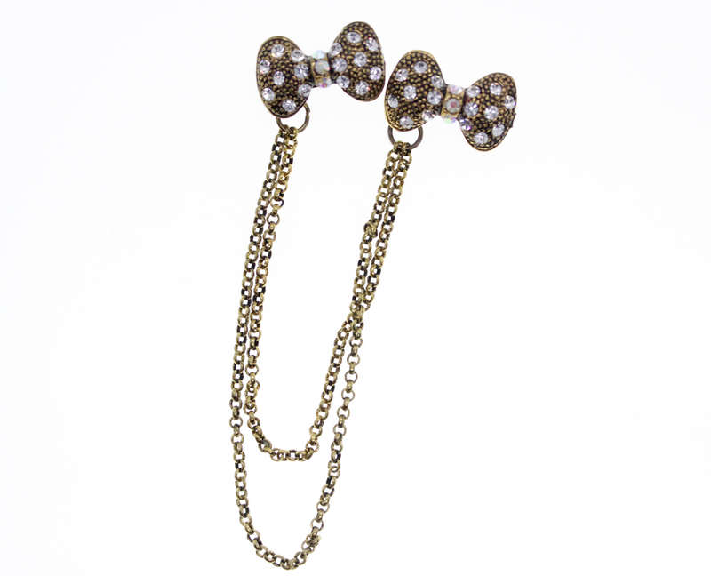 Brooch - Vintage Gold Tone Chain Brooch Bows with Diamantes on either side of Chain - ML2392