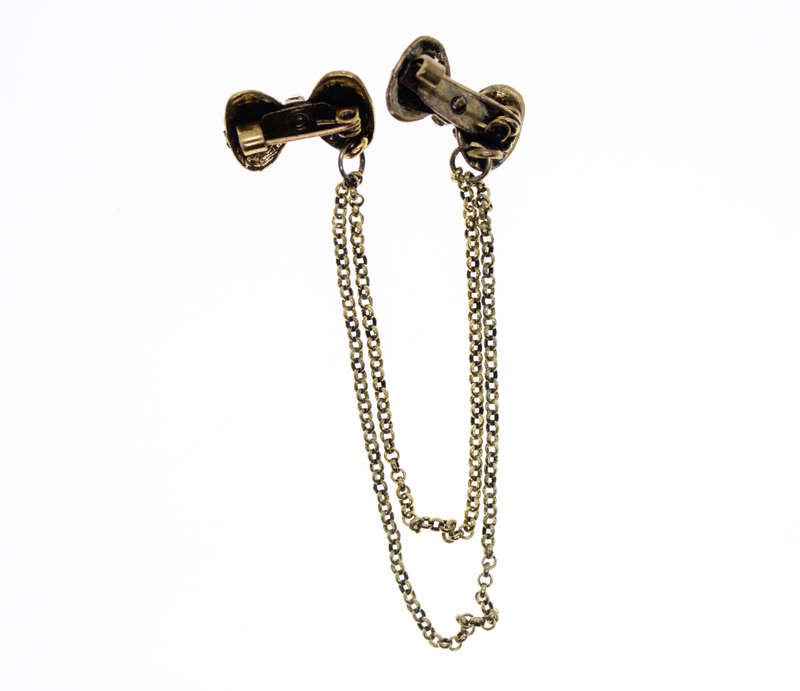 Brooch - Vintage Gold Tone Chain Brooch Bows with Diamantes on either side of Chain - ML2392