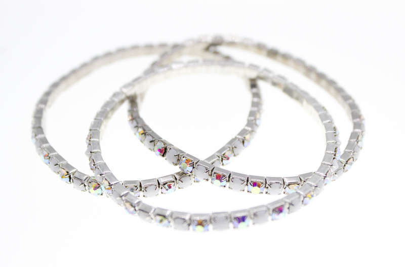 Bracelet - Fashion Silver Tone Stretch x 3 Clear Stones and Diamantes - ML2393