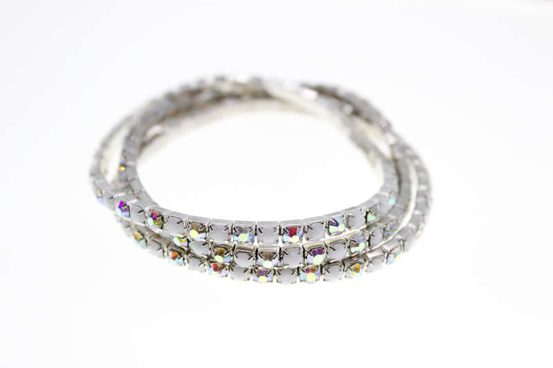 Bracelet - Fashion Silver Tone Stretch x 3 Clear Stones and Diamantes - ML2393