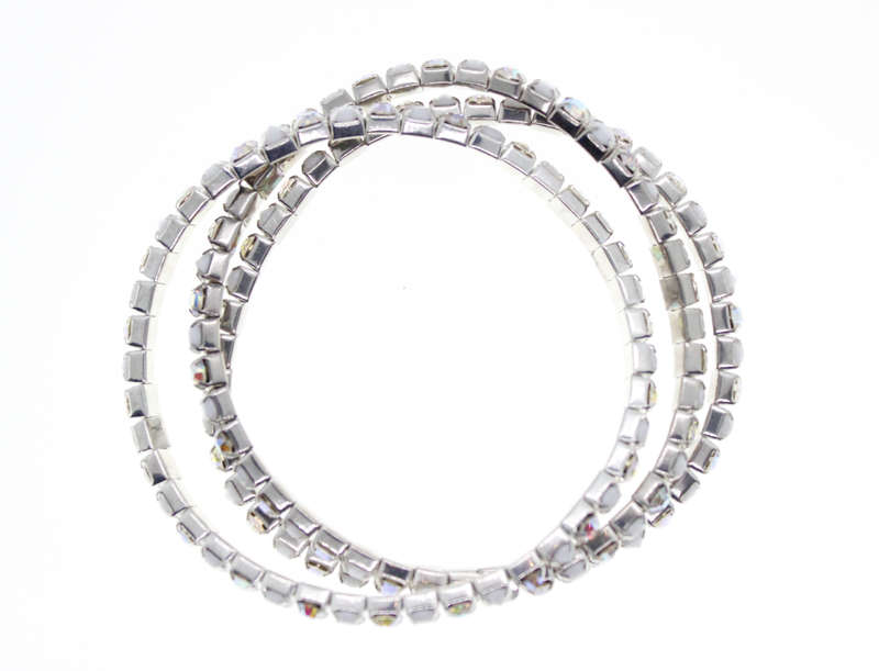 Bracelet - Fashion Silver Tone Stretch x 3 Clear Stones and Diamantes - ML2393