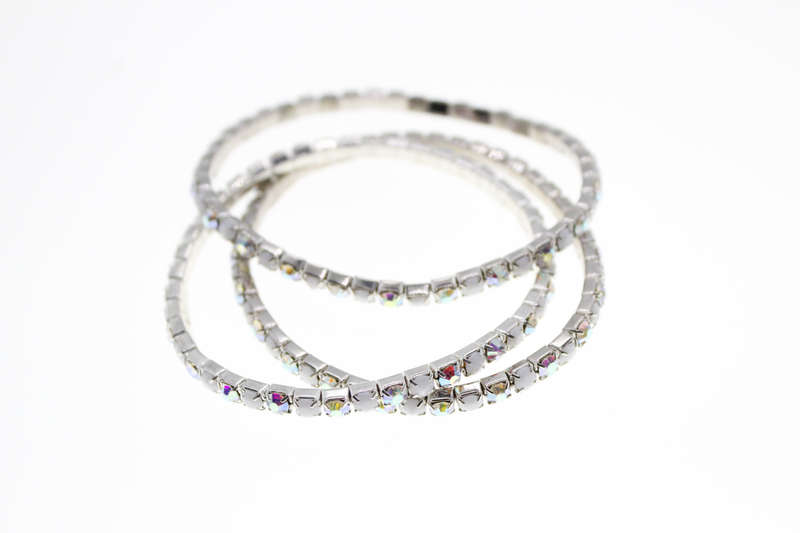 Bracelet - Fashion Silver Tone Stretch x 3 Clear Stones and Diamantes - ML2393