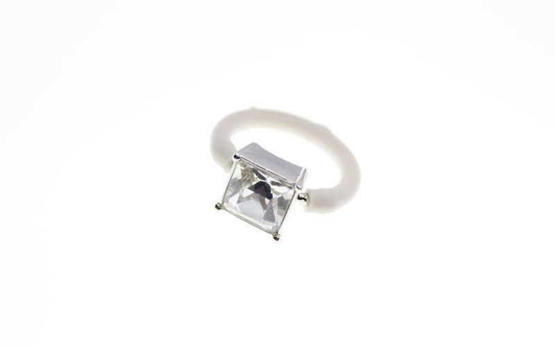 Ring - Silver Tone large Clear square Stone.  White Rubber around Band - ML2395
