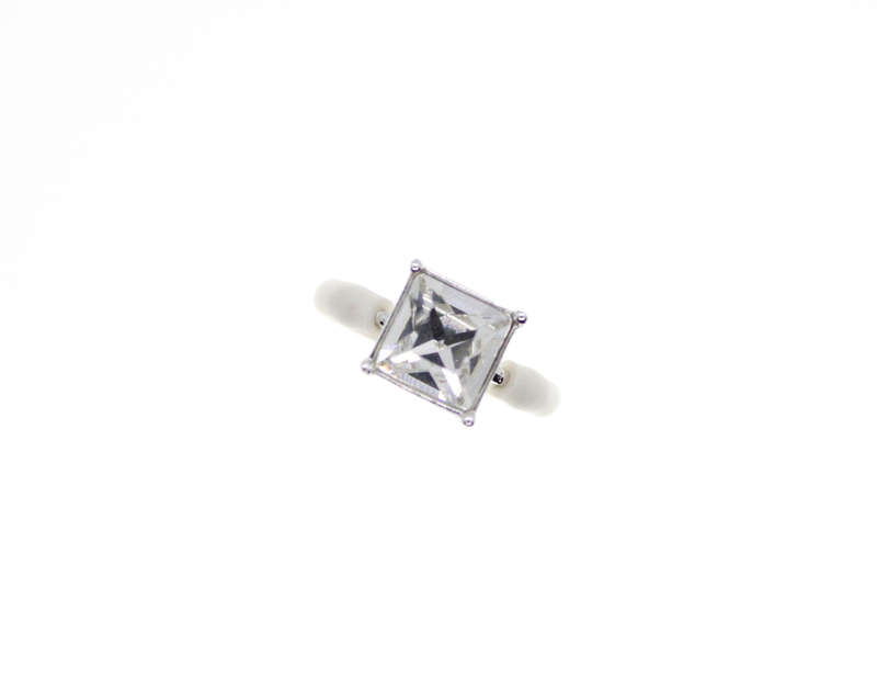 Ring - Silver Tone large Clear square Stone.  White Rubber around Band - ML2395