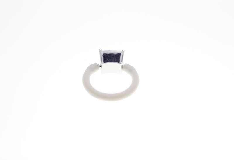 Ring - Silver Tone large Clear square Stone.  White Rubber around Band - ML2395