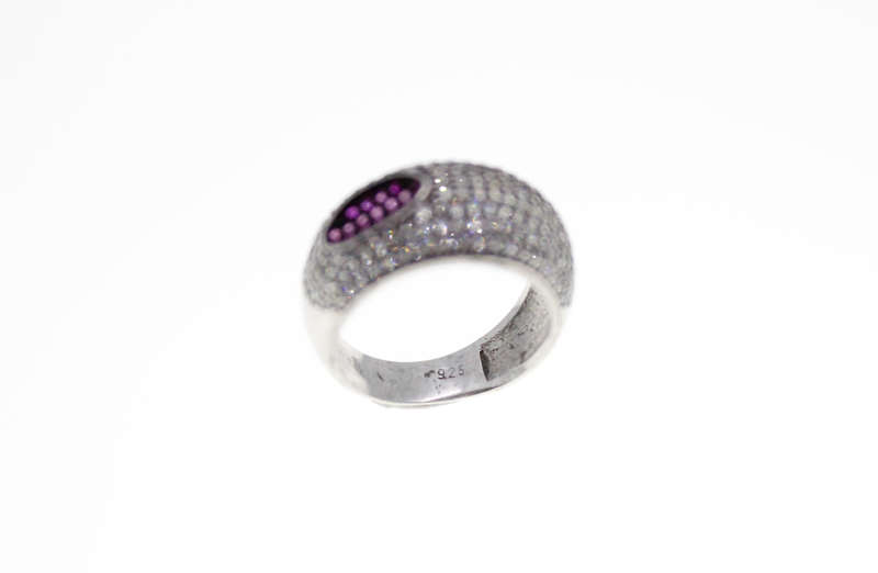 Ring - Vintage Stamped 925 Silver Parve Ring with Garnet Colour Rhinerstones - ML2397