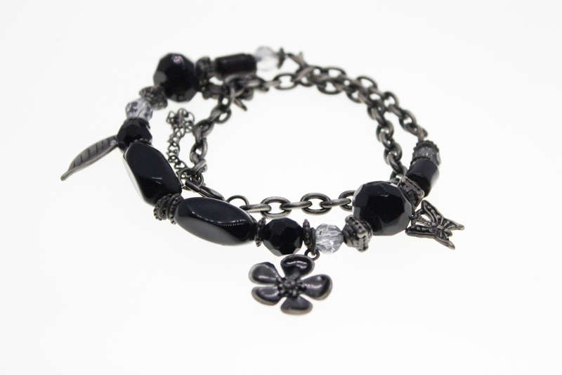 Necklace - Vintage Silver Tone  Black Beads and Silver Charms - ML2415
