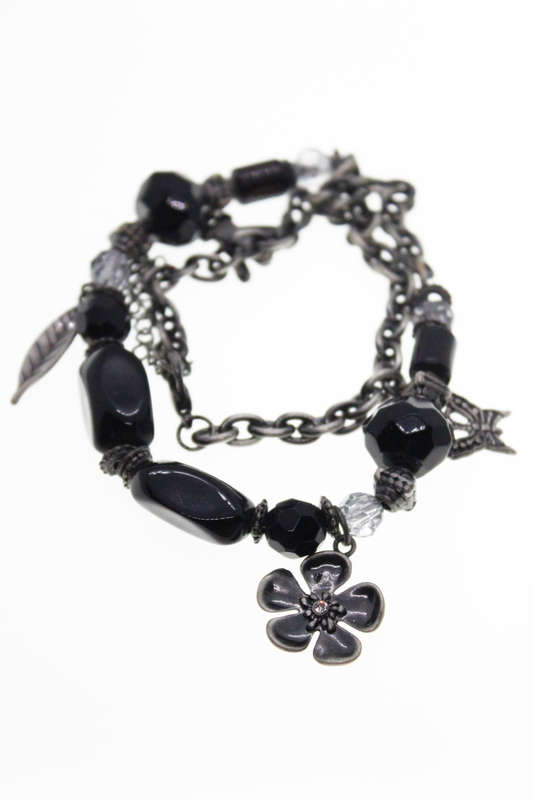 Necklace - Vintage Silver Tone  Black Beads and Silver Charms - ML2415
