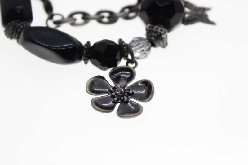 Necklace - Vintage Silver Tone  Black Beads and Silver Charms - ML2415