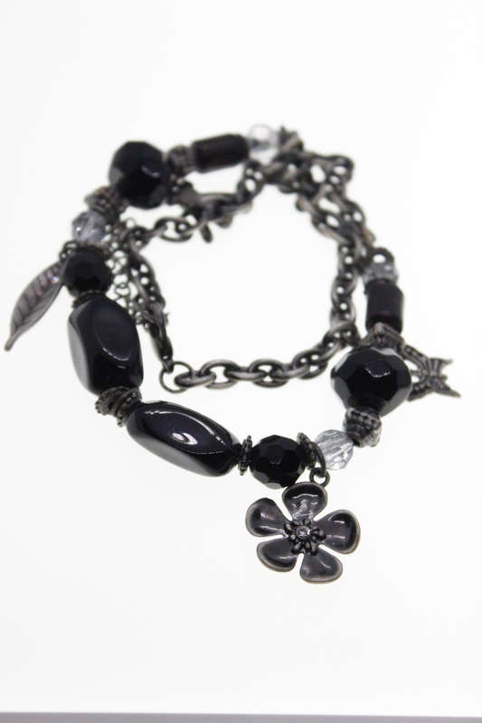 Necklace - Vintage Silver Tone  Black Beads and Silver Charms - ML2415