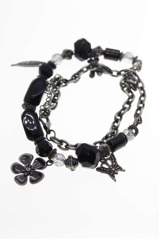 Necklace - Vintage Silver Tone  Black Beads and Silver Charms - ML2415