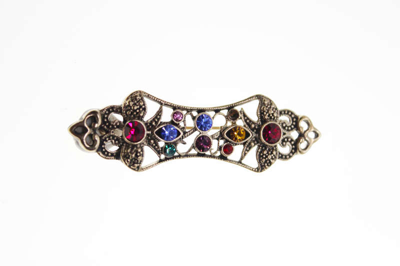 Brooch - Vintage Gold Tone Filigree with Flowers and Coloured Rhinestones - ML2418